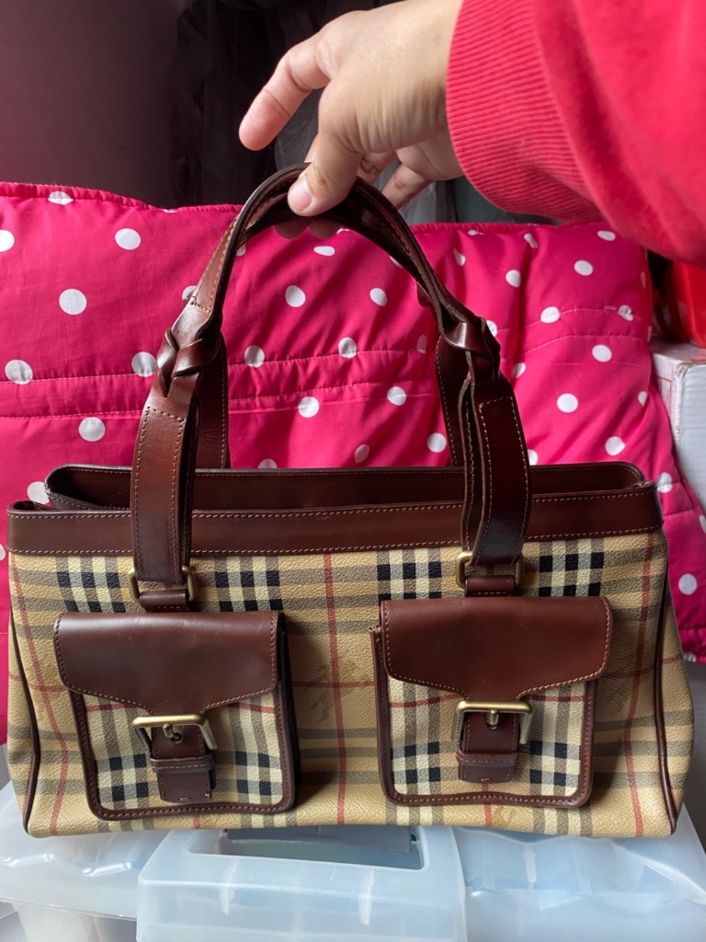Burberry Brown Plaid Leather-Trim Satchel